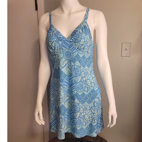 Vintage 90s Batik Slip Dress Aqua Floral Adjustable Straps Sz L Y2K Indie Trippy - Picture 3 of 10
